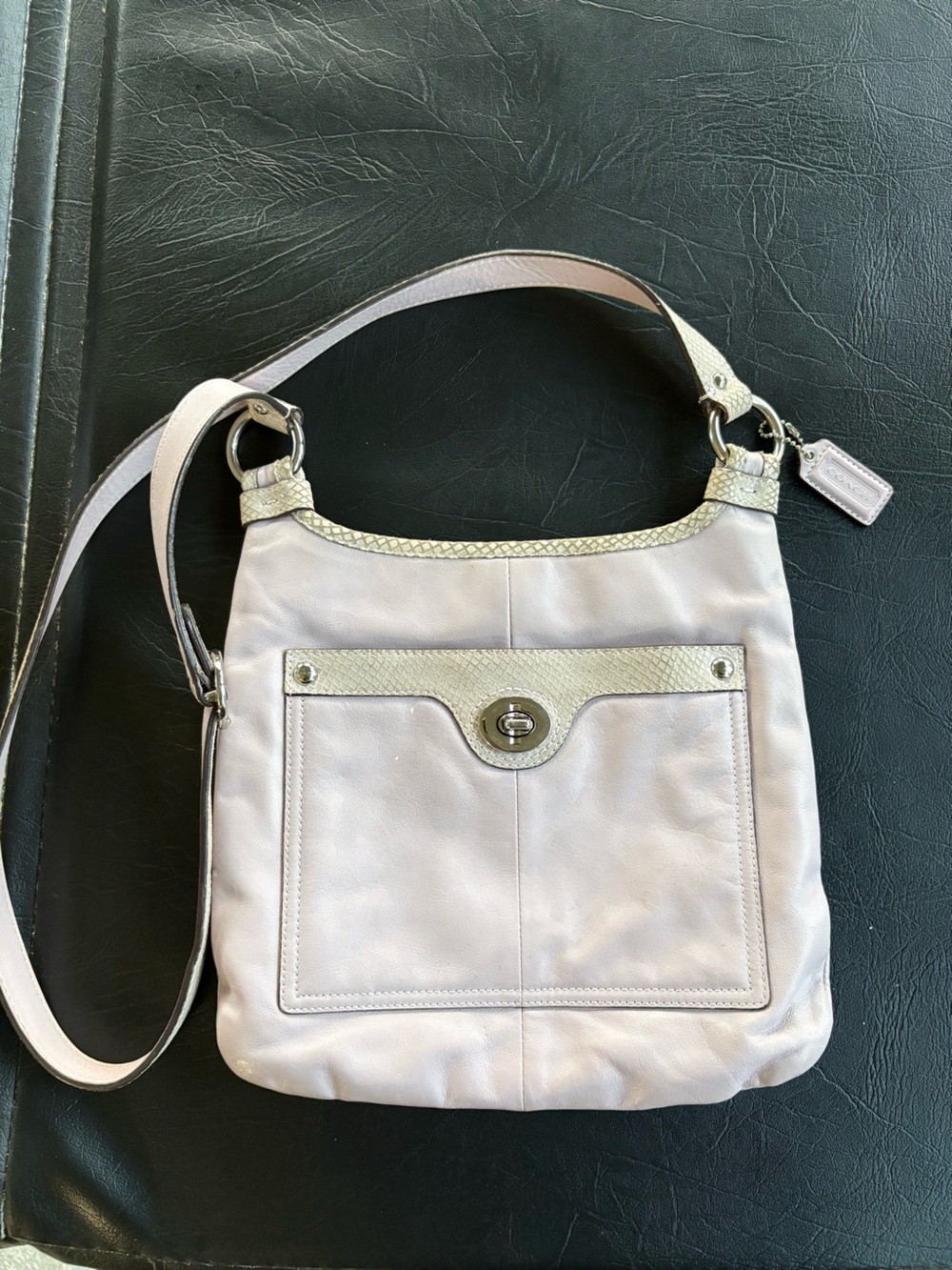 Coach Penelope F16533 Lavender Leather Snake Trim Crossbody Hippie Bag